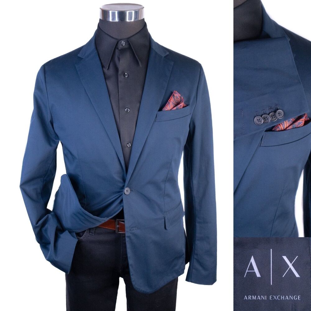 Armani Exchange Sport Coat Blazer Mens 38 Navy Blue 2 Button Closure Stretch